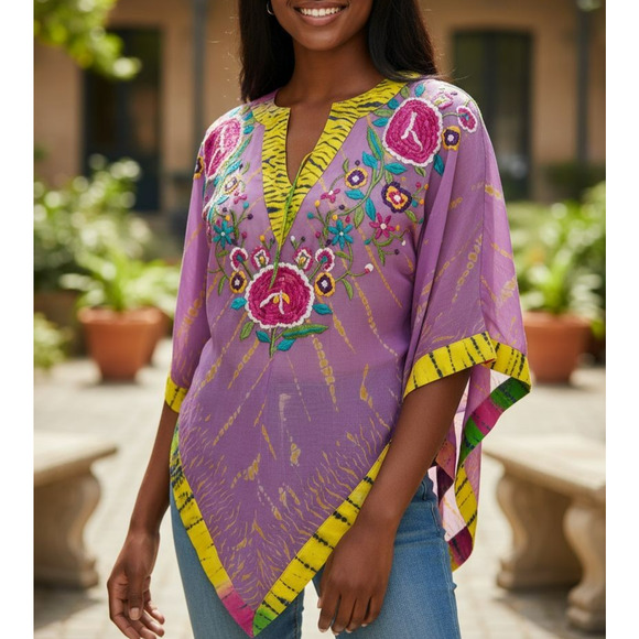 Tashia London Embroidered Silk Poncho Top Size Small Purple Beachy Coverup Boho - Picture 1 of 11